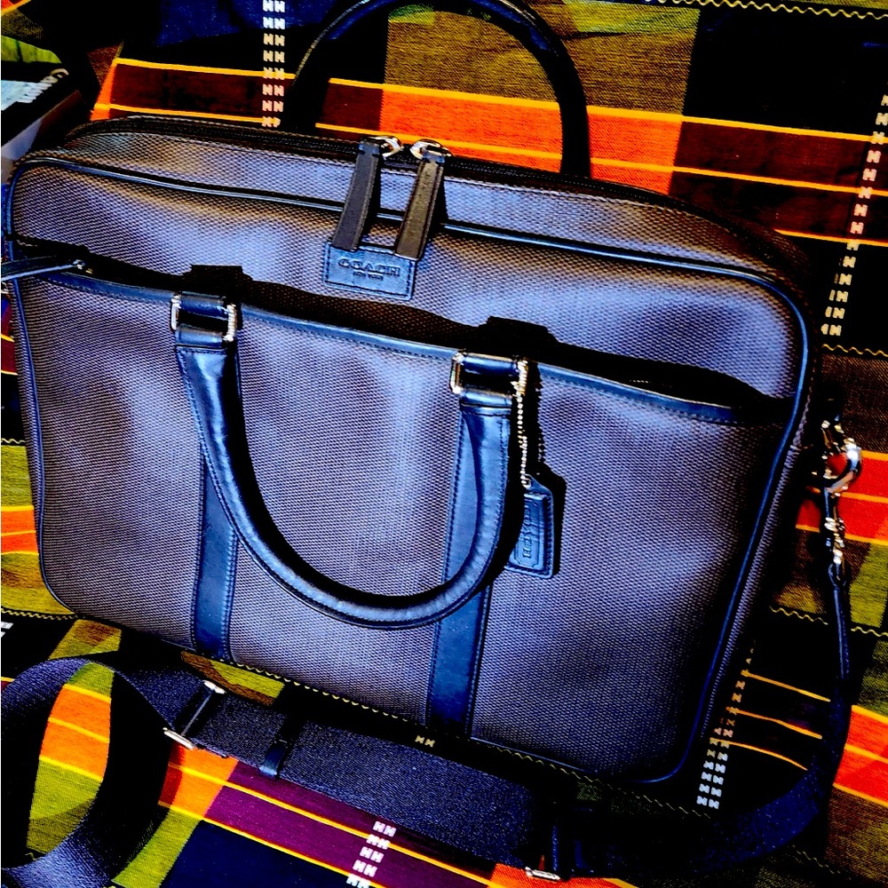 COACH Laptop Bag F71389 Signature Brown Coated Canvas With Leather Trim